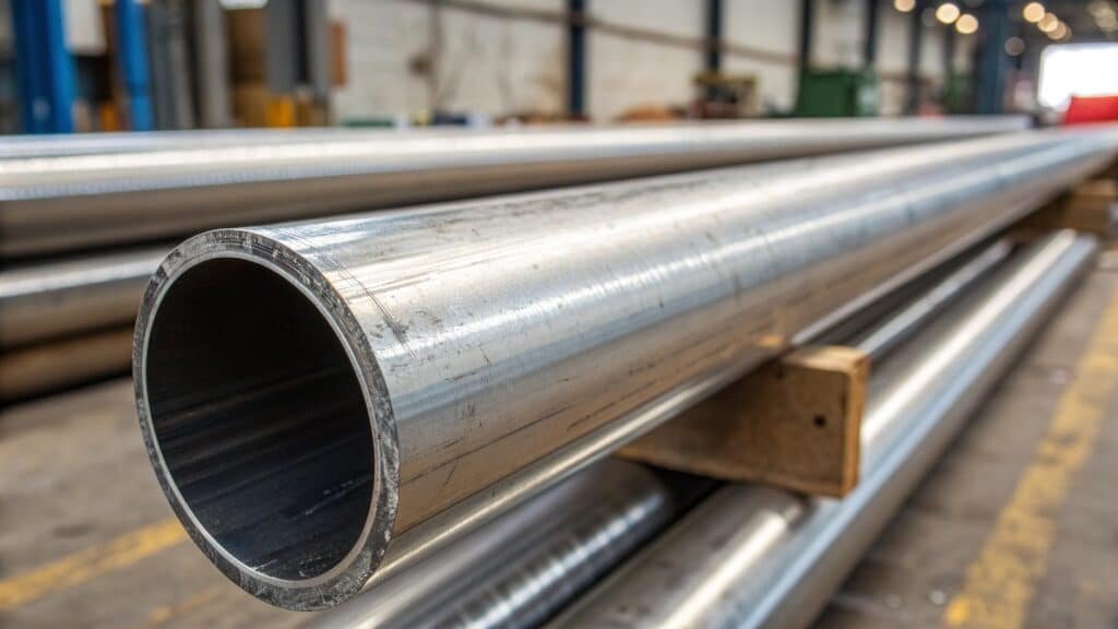A collection of shiny aluminum pipes of various diameters, clearly labeled as Schedule 40.